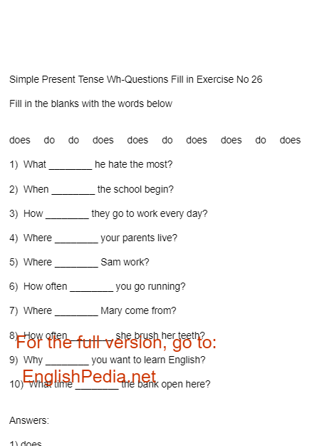 Simple Present Tense Wh Questions Fill In Exercise No 26 Englishpedia